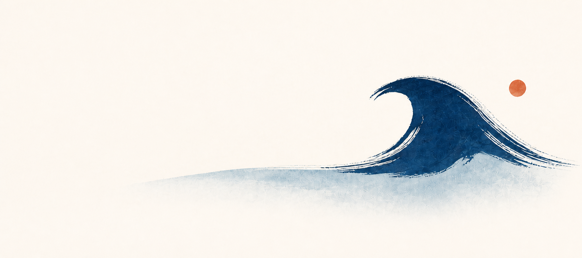 深蓝色水墨海浪与朱砂色太阳