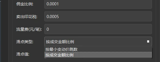 「滑点类型」下拉框展开,有「按最小变动价跳数」「按成交金额比例」两项