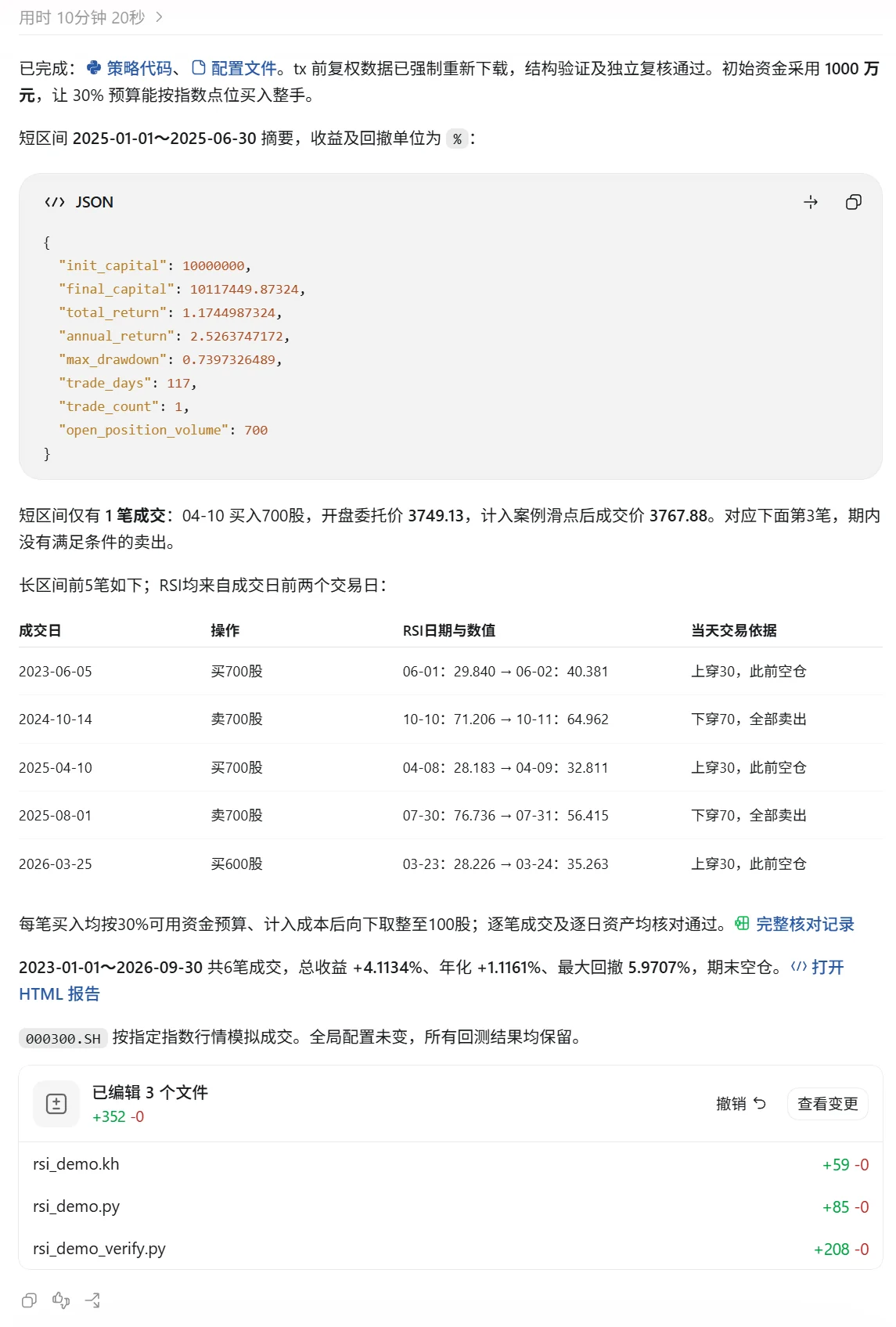 结果:短区间 JSON 摘要、长区间前 5 笔交易与对应 RSI、完整核对记录和 HTML 报告链接
