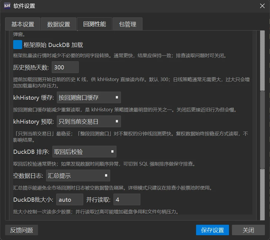 往下滚动后的详细设置:khHistory 预取、DuckDB 批大小和「并行读取」