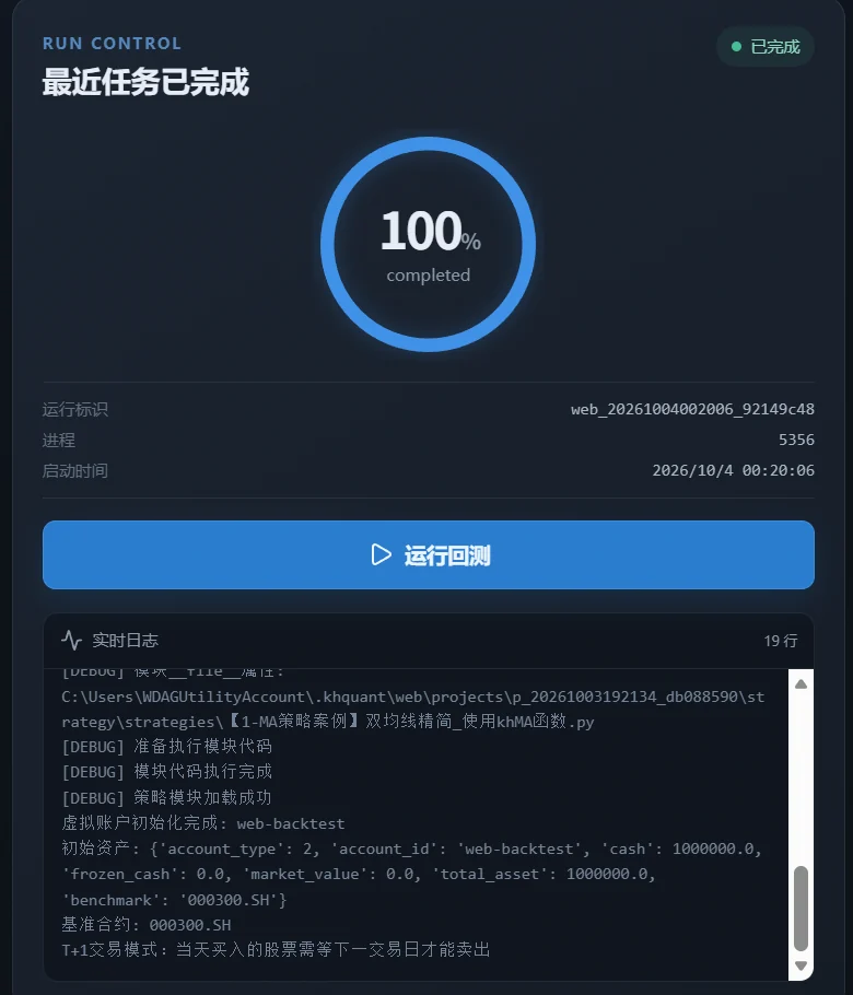 跑完后的右栏:进度 100%、运行信息和实时日志,按钮恢复成「运行回测」